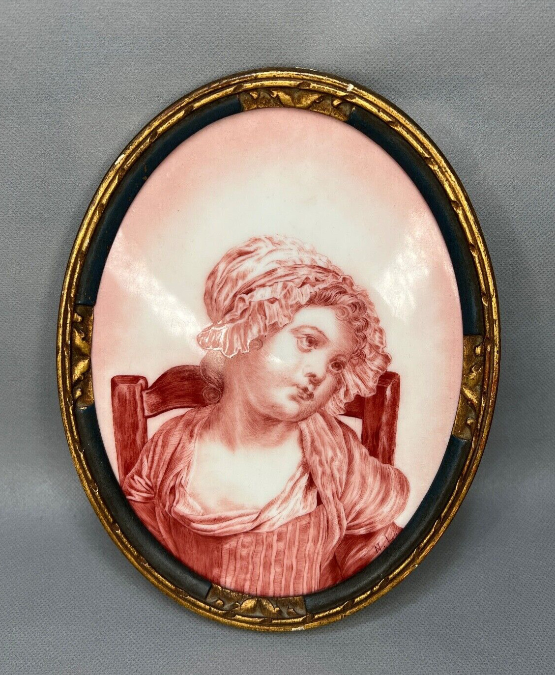 19c.Antique French Porcelain Engraving Wall Hanging Plaque Young Girl