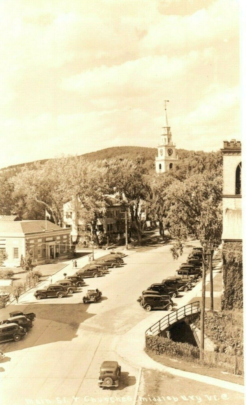 c1940\'s Main St. Churches Middlebury Vermont VT Vintage RPPC Photo Postcard