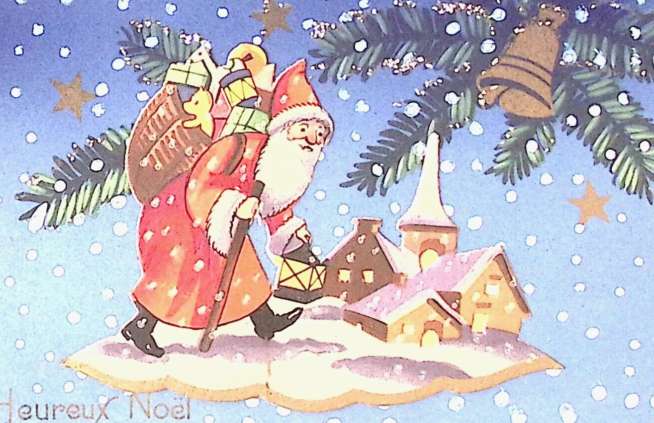 Vintge FRANCE Christmas Postcard Embellished Glitter Santa Carries Toys at Night