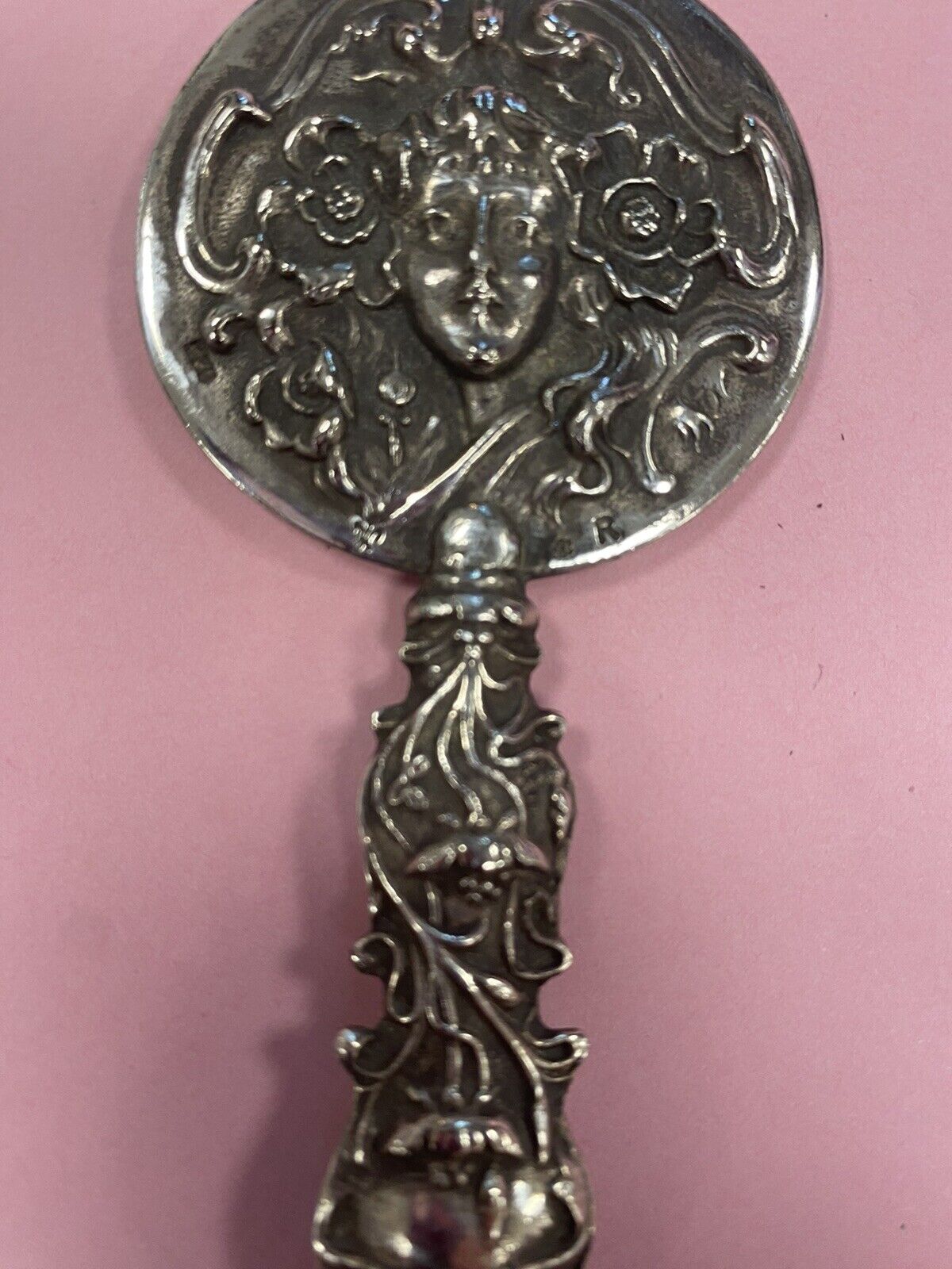 Antique European Sterling Silver Hand Mirror , Woman’s Face