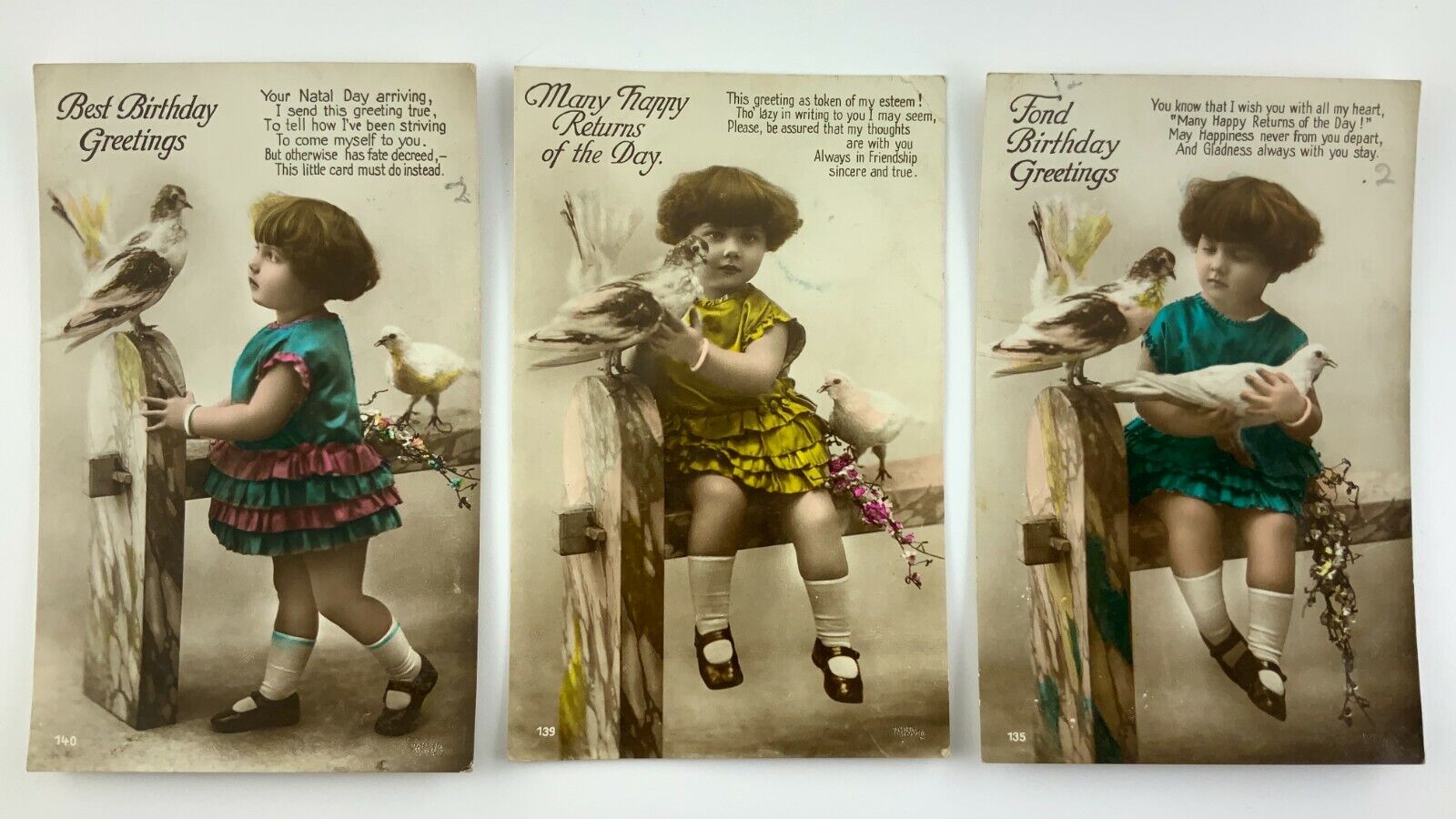 1926 Hand Tinted Set Of 3 Birthday Card Young Girl With Birds Post Card 234B