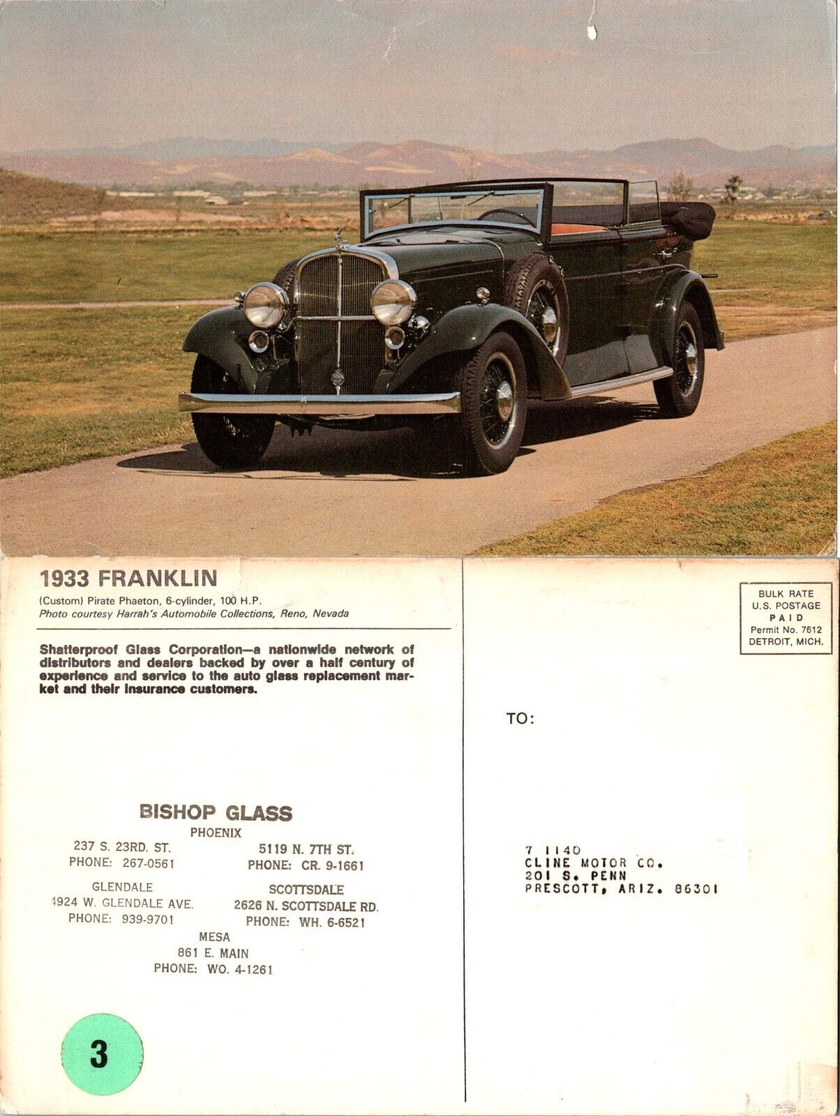 1933 Franklin Vintage Car 6x9 Bishop Glass Advertising Postcard c1940s 