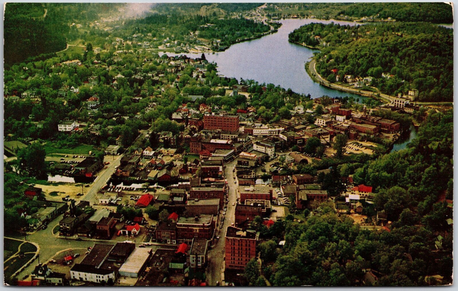 Aerial View Saranac Lake New York NY Buildings Grounds River Postcard