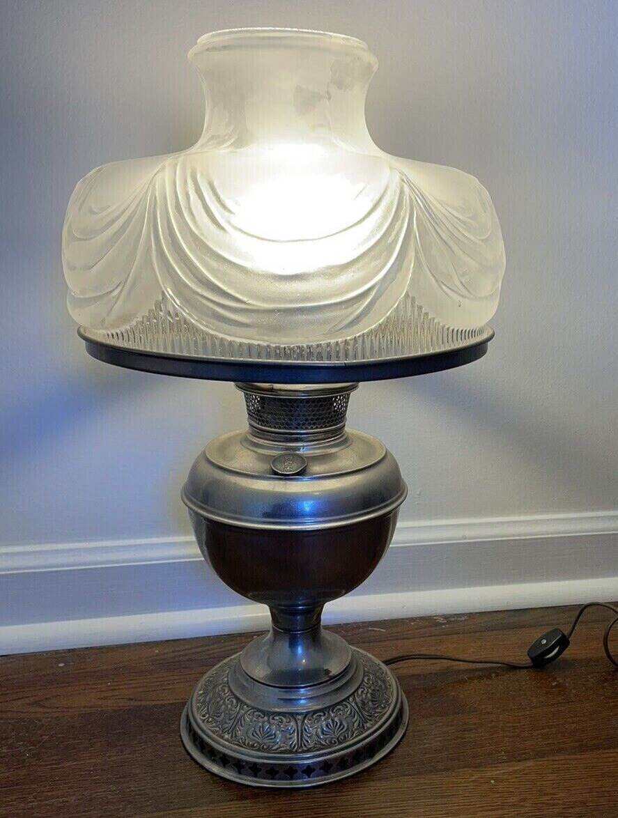 ANTIQUE B&H Bradley Hubbard Kerosene Oil Lamp 1904 Converted With Shade Vintage