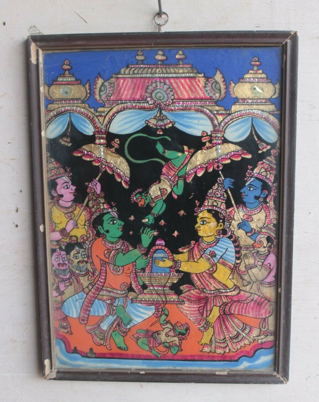 1900s VINTAGE GLASS PAINTING LORD RAM & SITA RETURNING FROM EXILE HANDMADE BX-9
