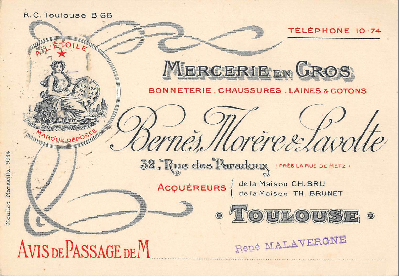 CPA 31 TOULOUSE RARE CPA ADVERTISING MERCERIE WHOLESALE BERNES MORERE LAVOLTE