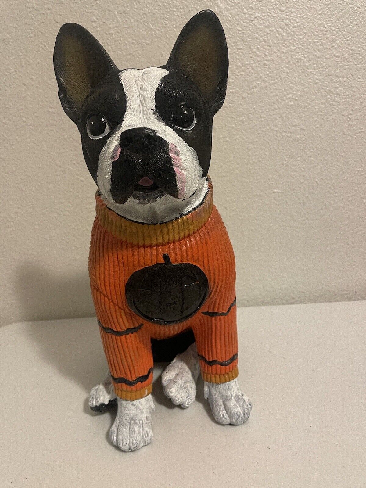 Frenchie/French Bulldog With Halloween Pumpkin Sweater Statue 14” Tall