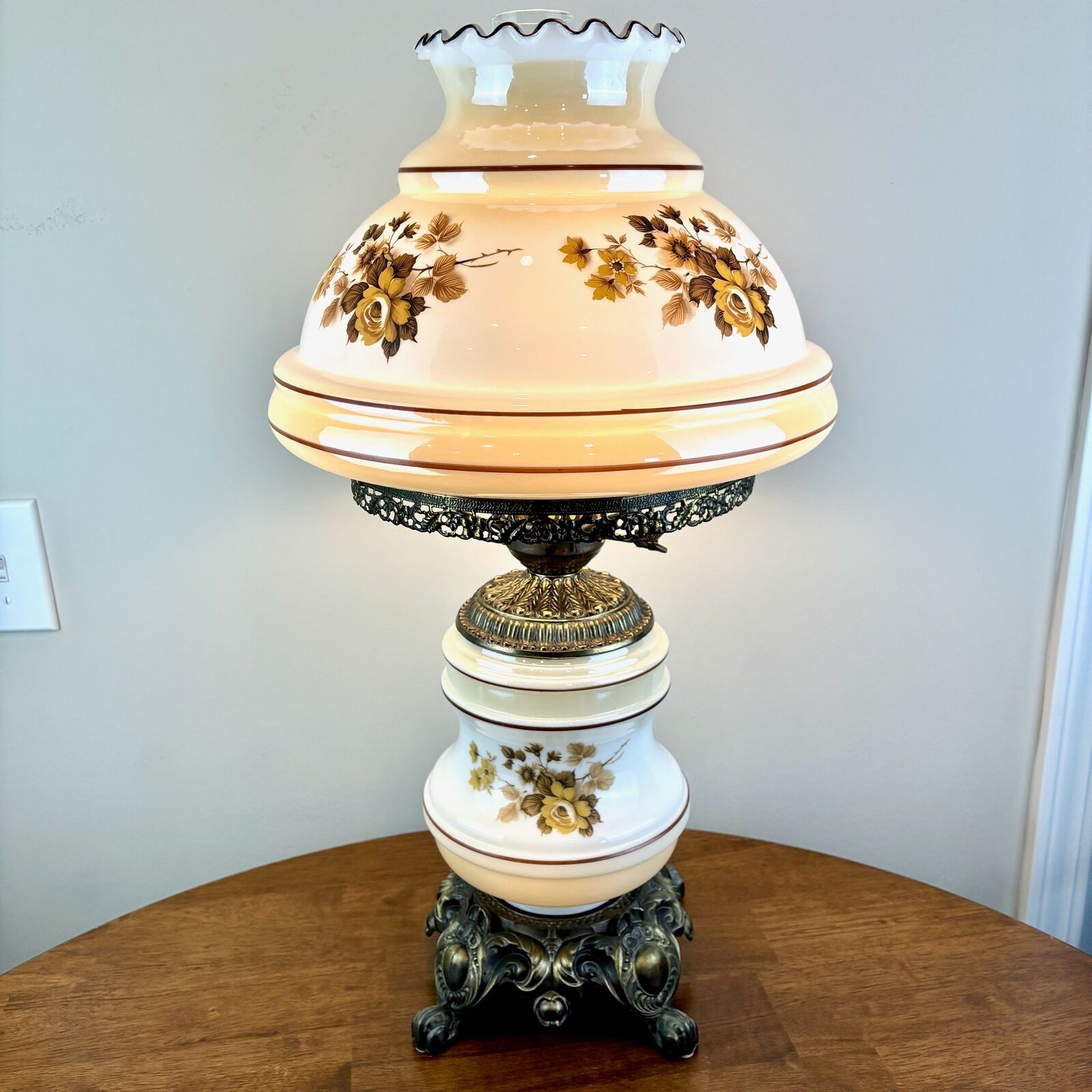 Vintage Milk Glass Floral Hurricane Lamp, Gone With The Wind Lamp | Table Lamp
