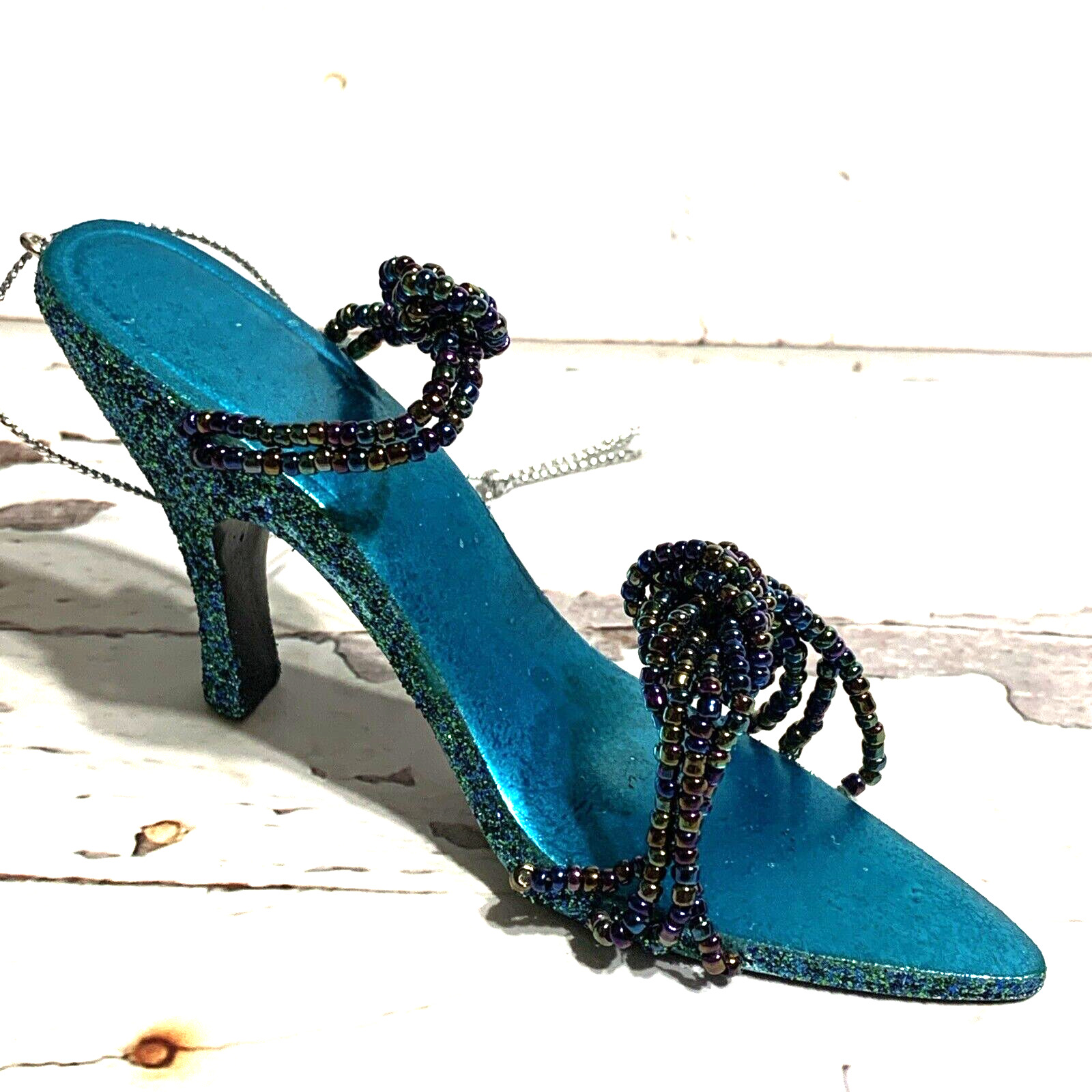 Collectible Vintage Miniature Shoe Ornament Blue Heel Beaded Glitter