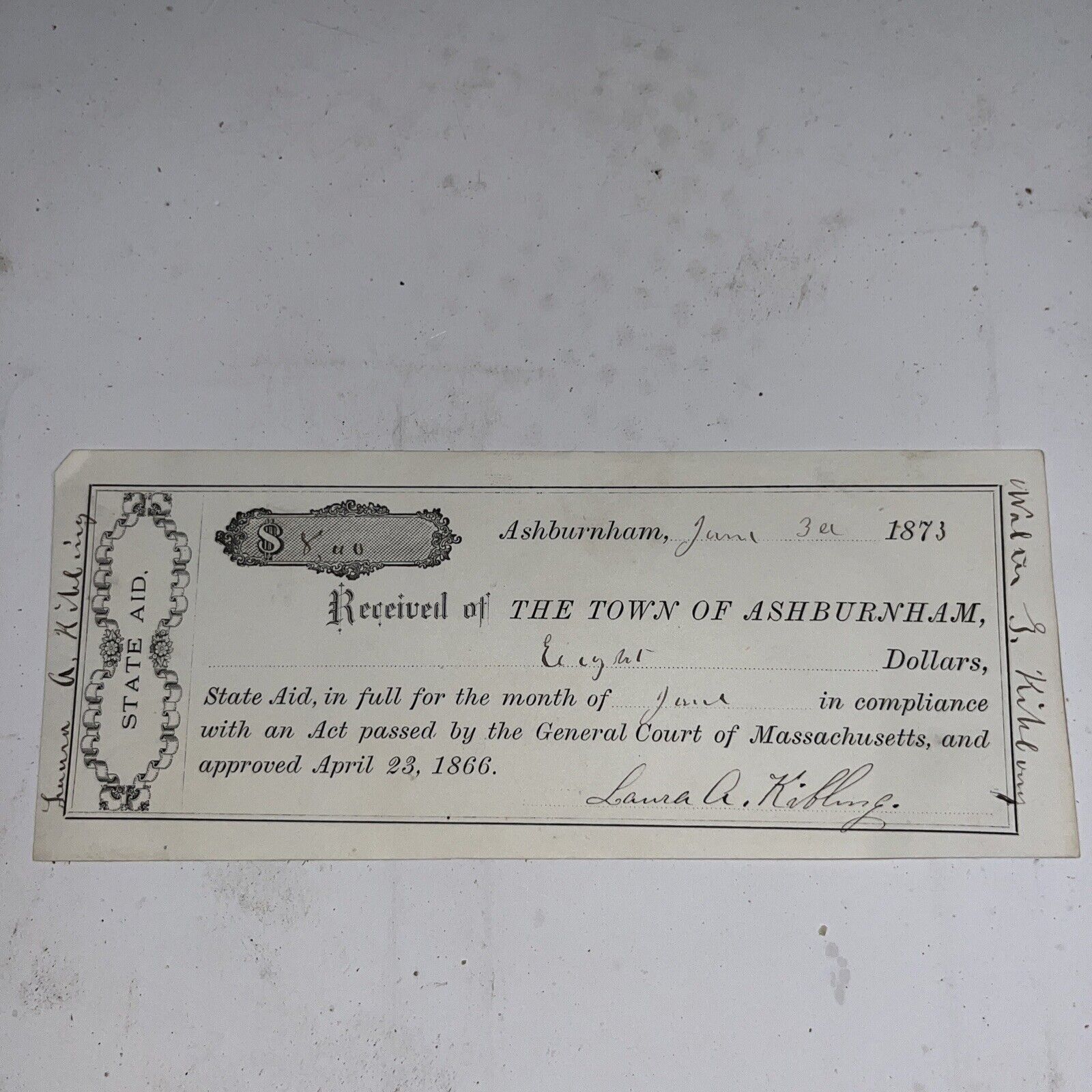 Antique 1873 Signed Receipt for State Aid - Town of Ashburnham Massachusetts MA