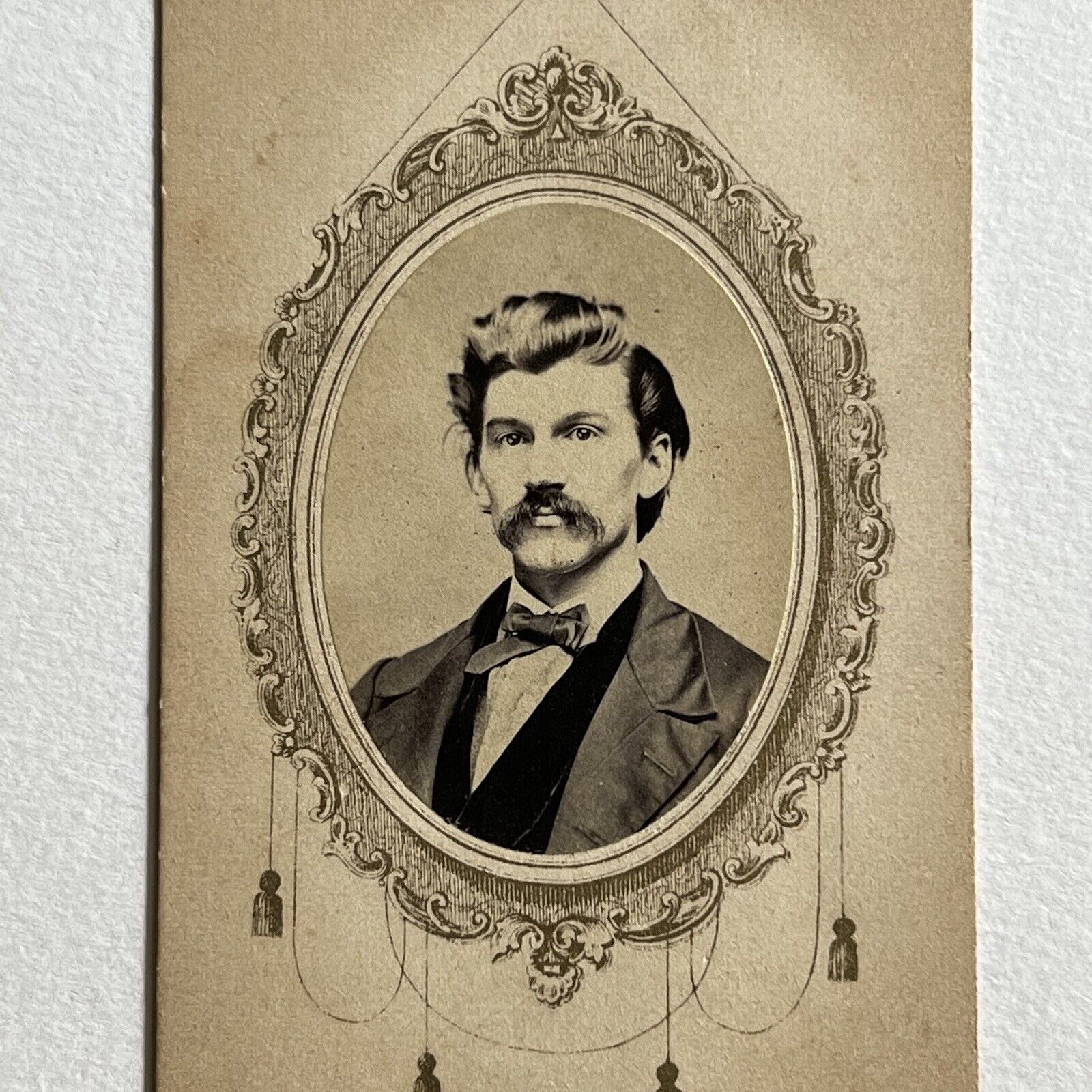 Antique CDV Photograph Charming Handsome Young Man Great Mustache & Hair Border