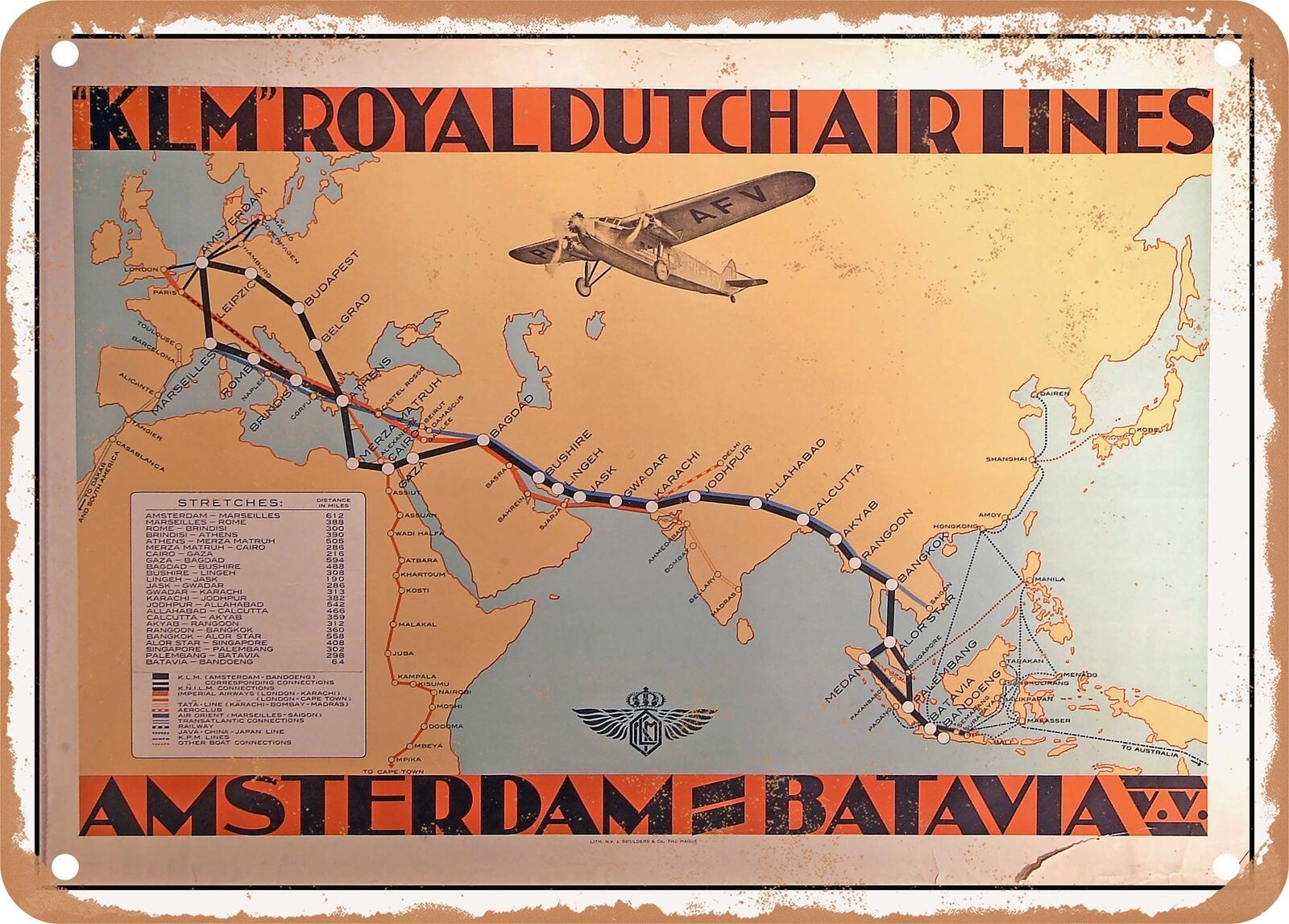 METAL SIGN - 1931 Royal Dutch Air Lines Amsterdam Batavia VV Vintage Ad
