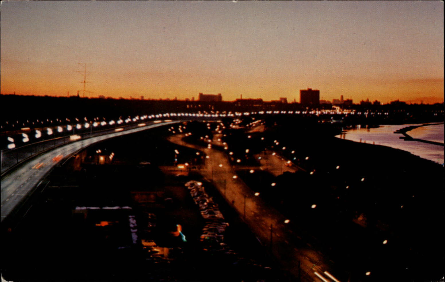 Lakeshore Blvd Toronto Ontario Canada time lapse night aerial view ~ 1950s-60s
