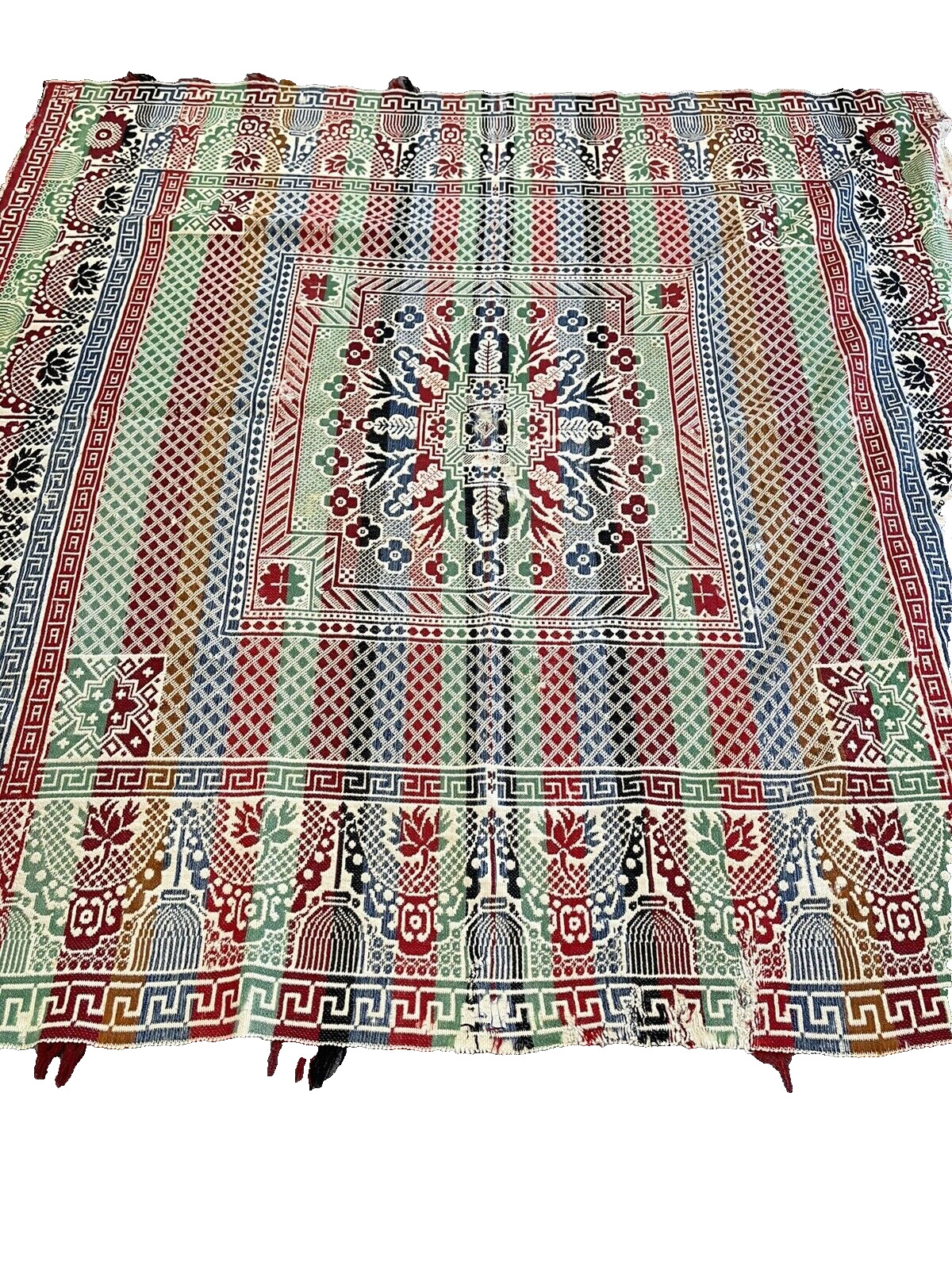 Antique Appalachian Southern Handmade Woven Coverlet  approx 76” x 76”