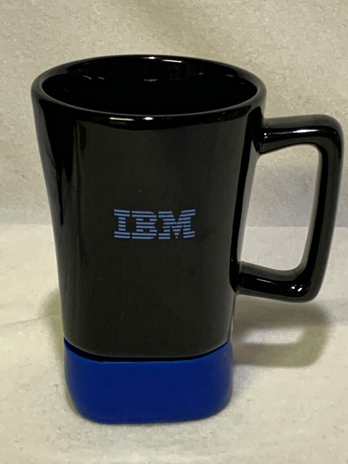 IBM Logo Large Black Ceramic Coffee Mug Blue Rubber Bottom Vintage Computer Cup