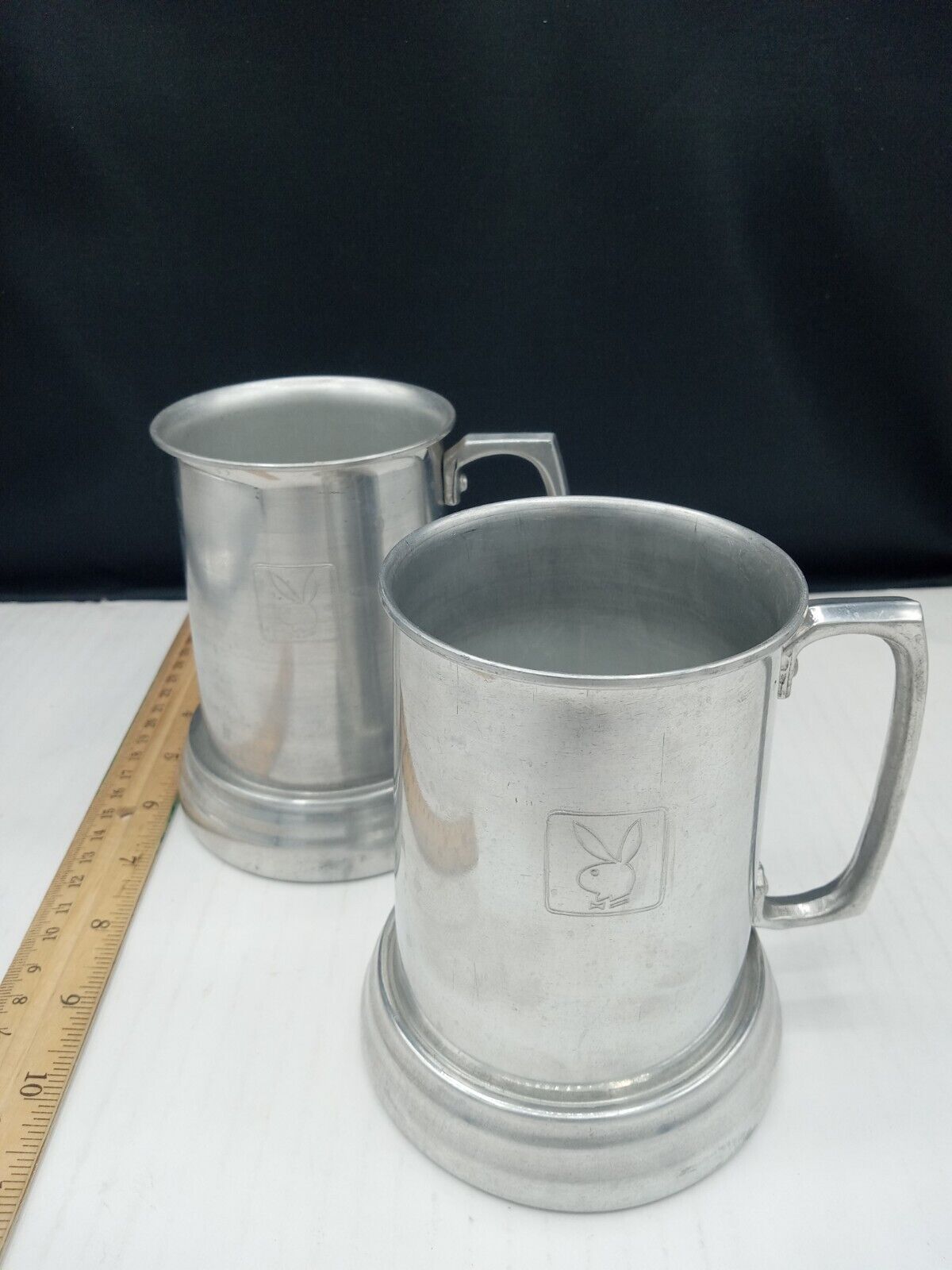 2 VINTAGE 'PLAYBOY' PEWTER MUGS, CLEAR BOTTOMS, EXCELLENT CONDITION