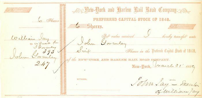 New York and Harlem Rail Road Co. signed by John Jay Jr. - Railway Stock Certifi