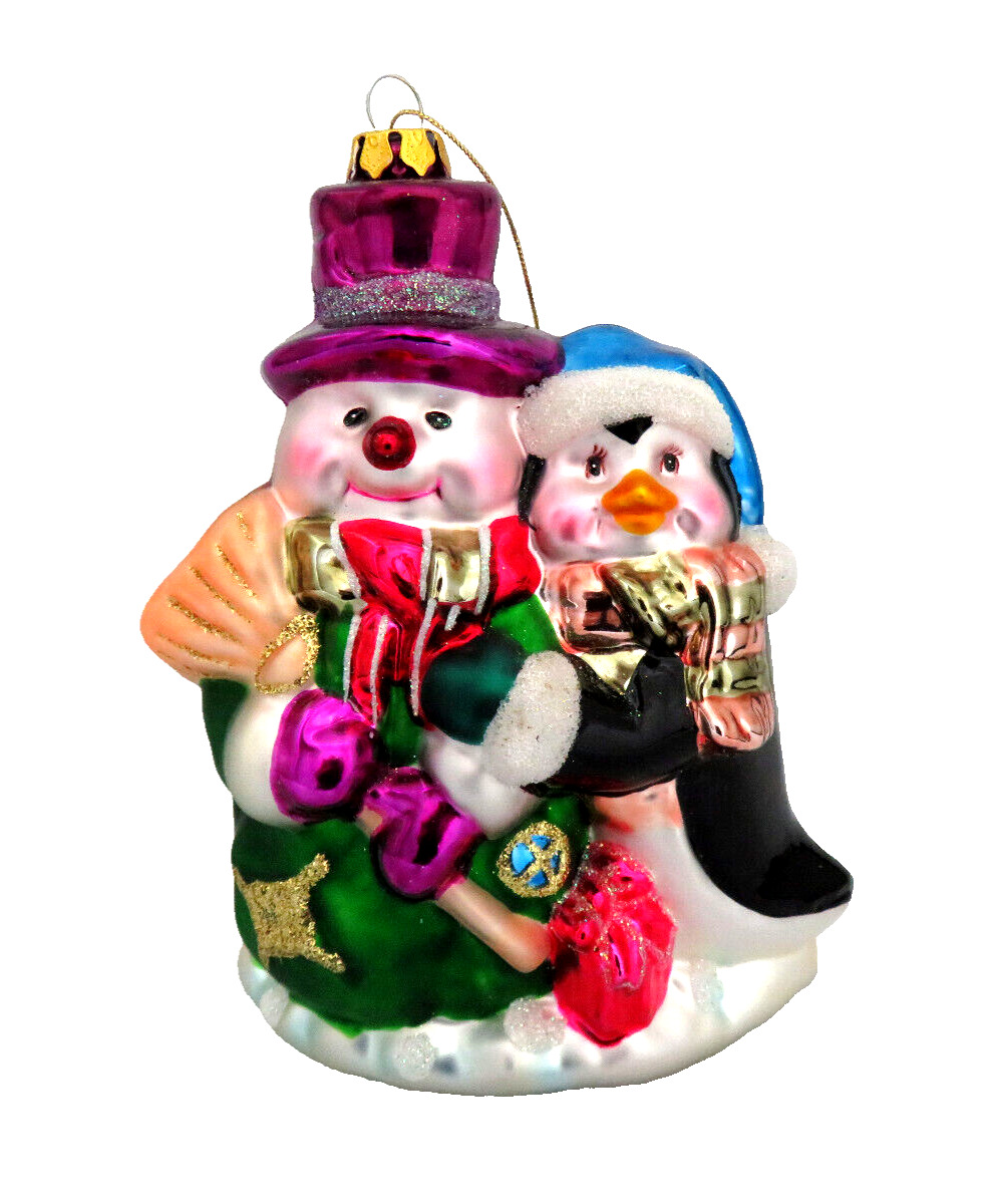 Large Snowman & Penguin Blown Glass Christmas Ornament