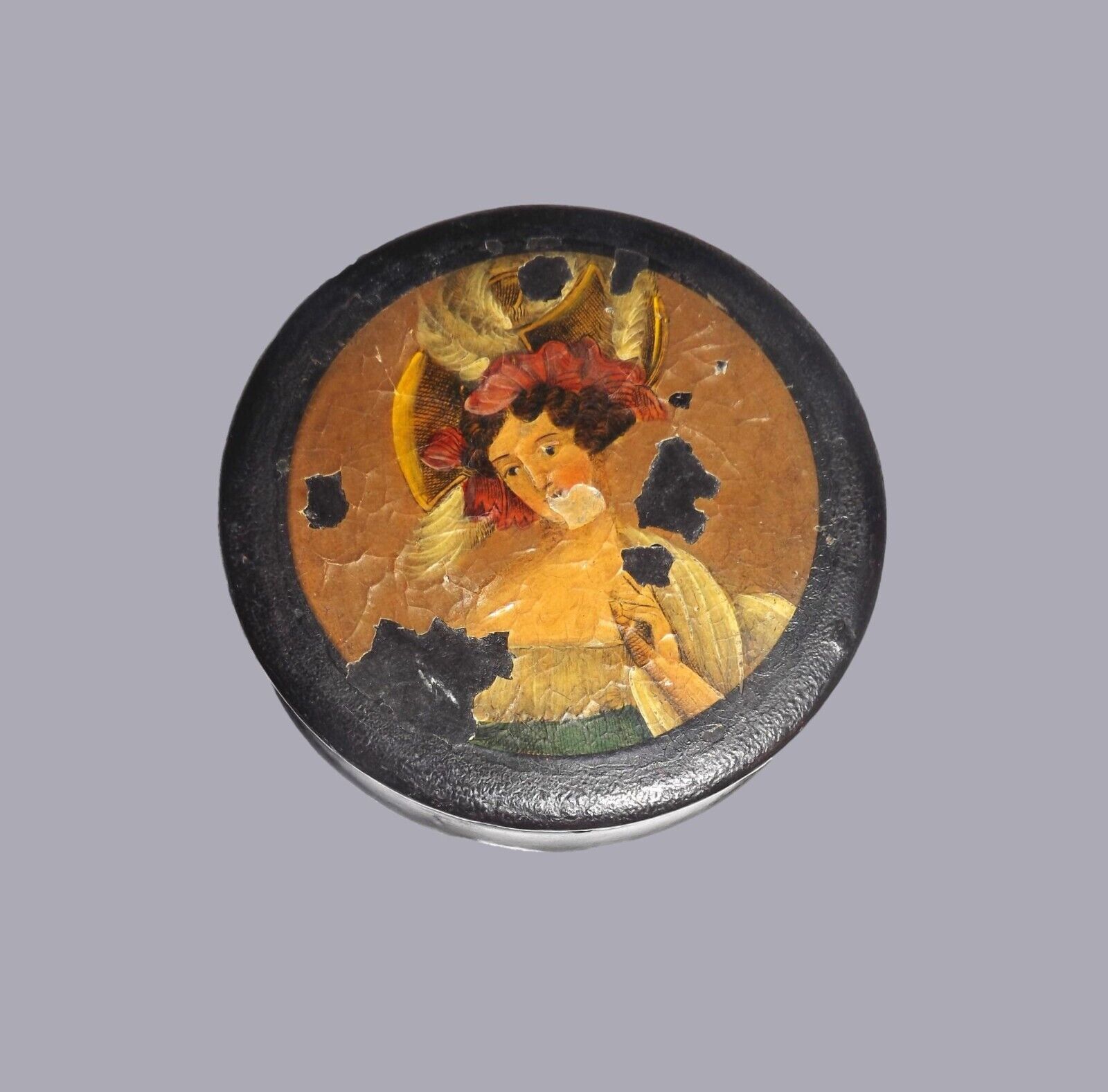 ANTIQUE 18th - 19th c. PAPIER MACHE Black Lacquer Hand Painted REGENCY SNUFF BOX