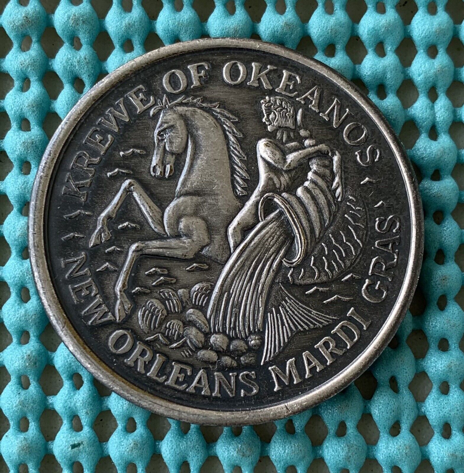 1967 Krewe of OKEANOS  oxidized silver Mardi Gras doubloon