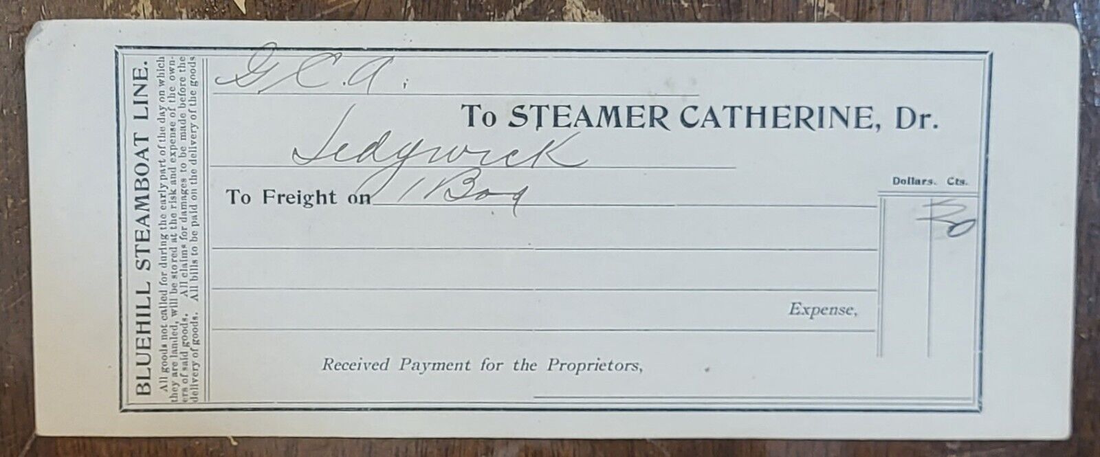 c1880 Freight Bill Maine Steamboat Catherine Bluehill Steamboat Line Sedgwick