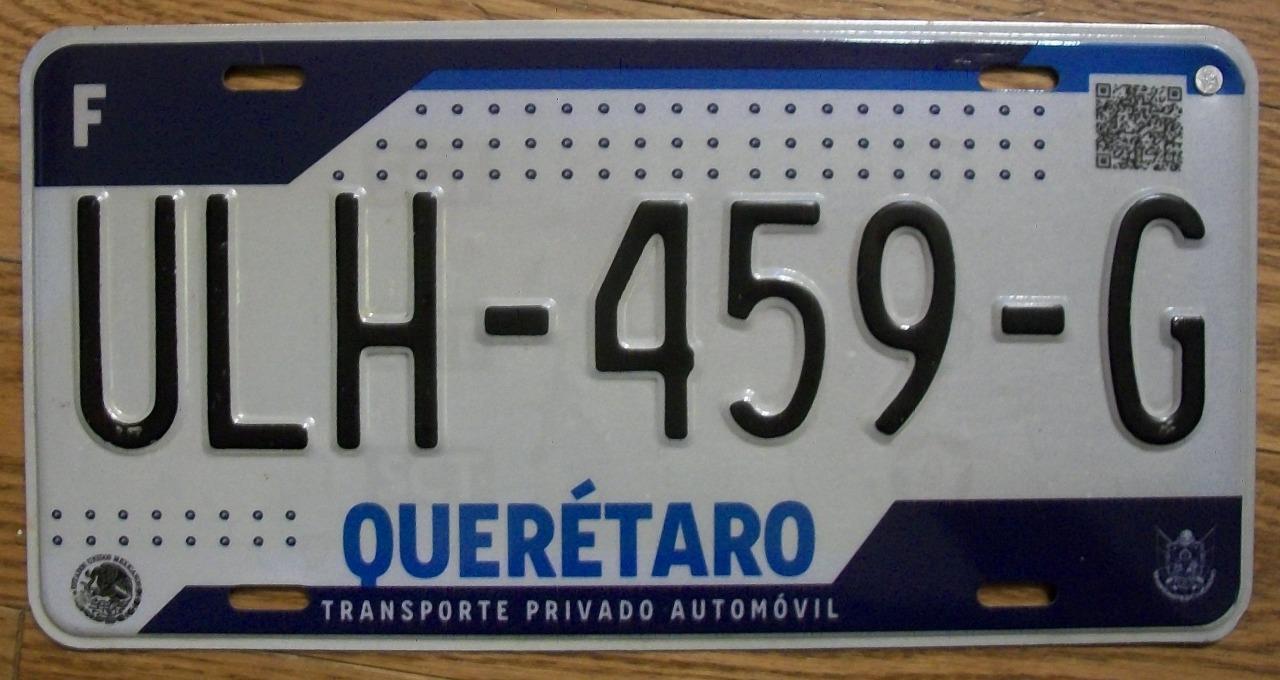 SINGLE MEXICO state of QUERETARO LICENSE PLATE - ULH-459-G - AUTOMOVIL