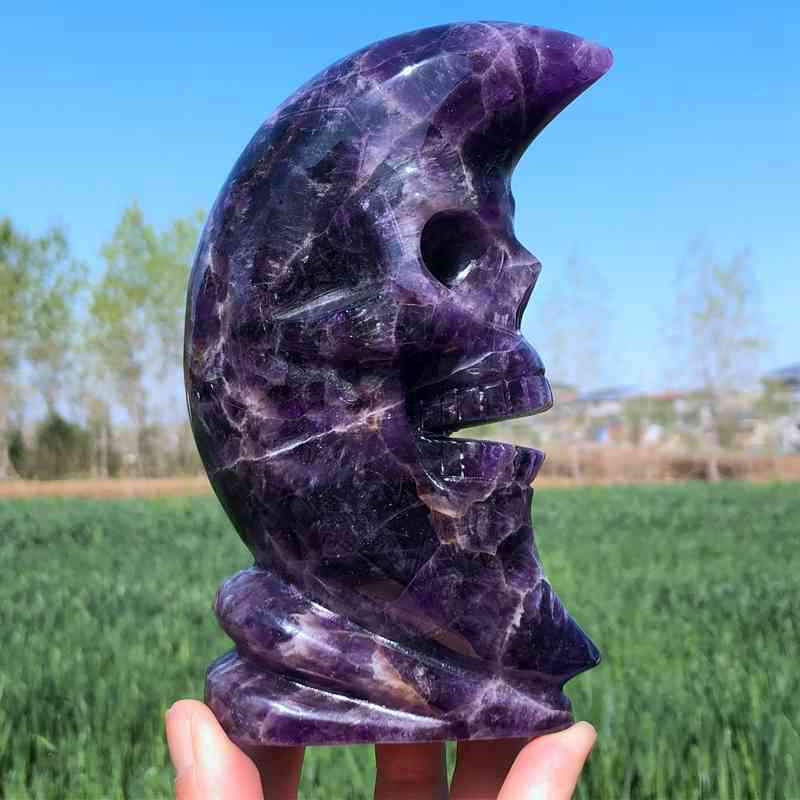 880g Natural Dreamy Amethyst Quartz Carved Moon Face Skull Crystal Reiki Healing