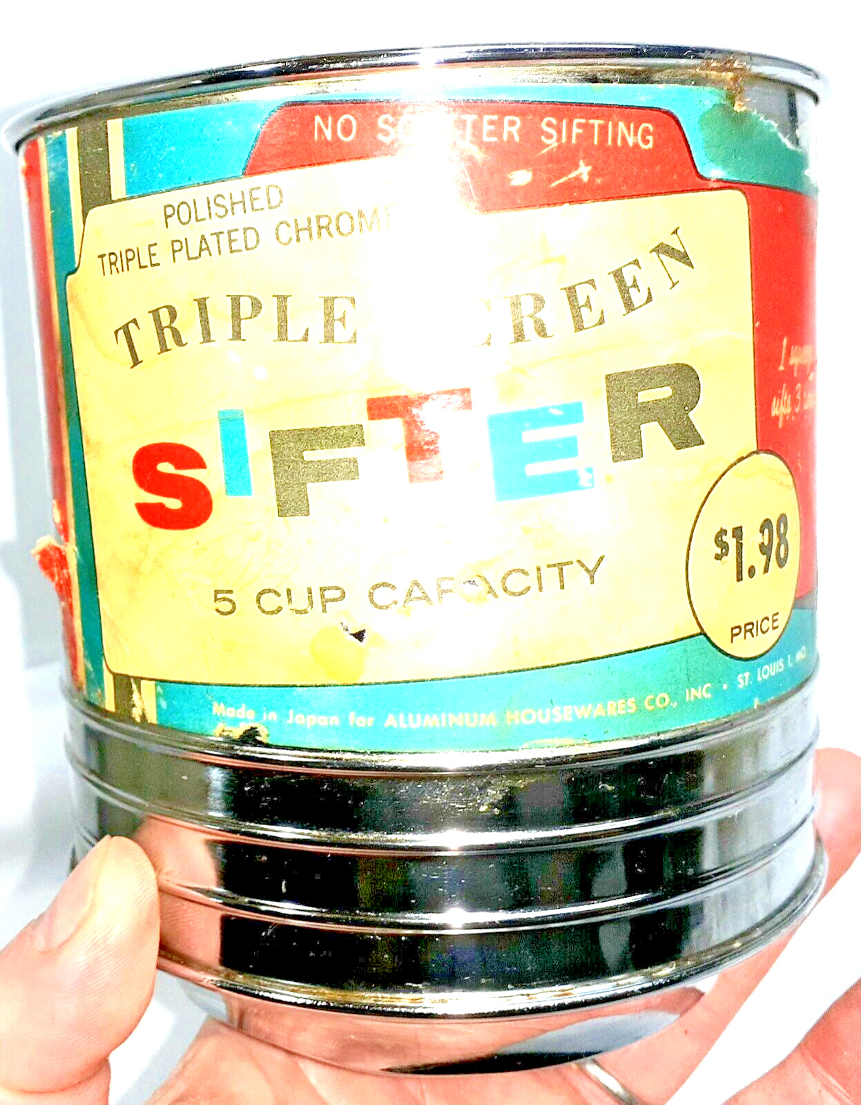 Antique TRIPLE SCREEN SIFTER 5-cup capacity Flour Sugar Etc. Chrome w orig label