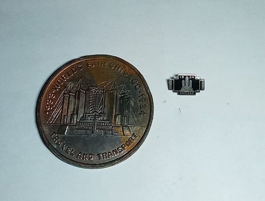 Vintage 1934 Chicago World's Fair Travel & Transport Lucky Penny and Lapel Pin