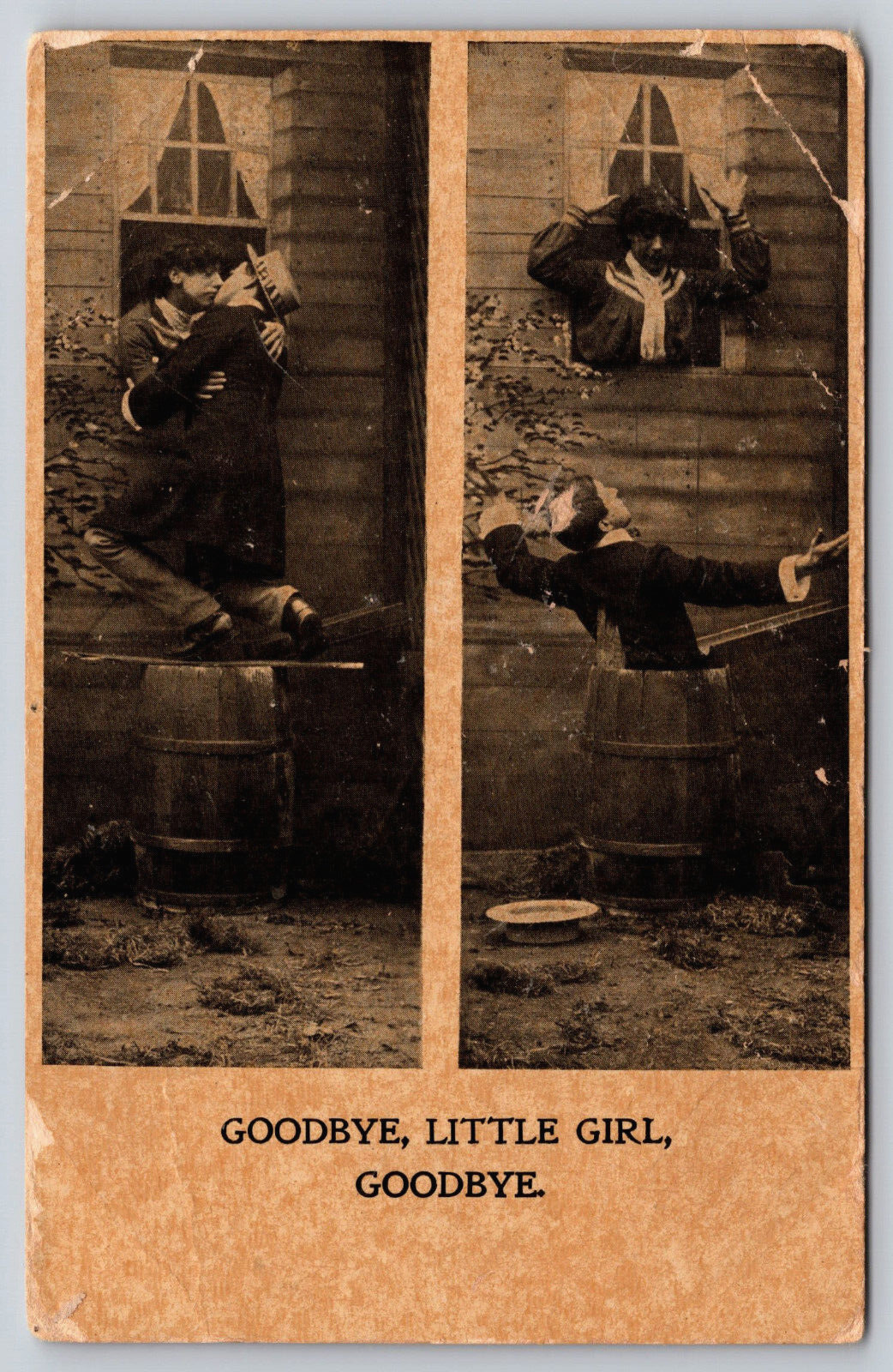 Postcard Goodbye Little Girl Goodbye Romantic Love Kissing 2 Views Vintage 1907