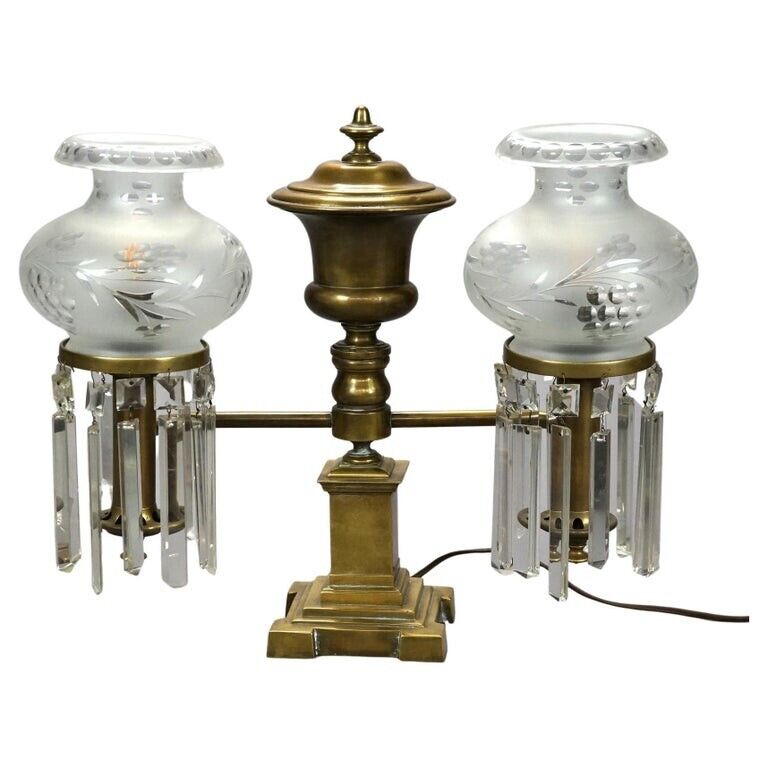 Antique Gilt Brass & Bronze Double Argand Lamp with Shades, Electrified, c1820