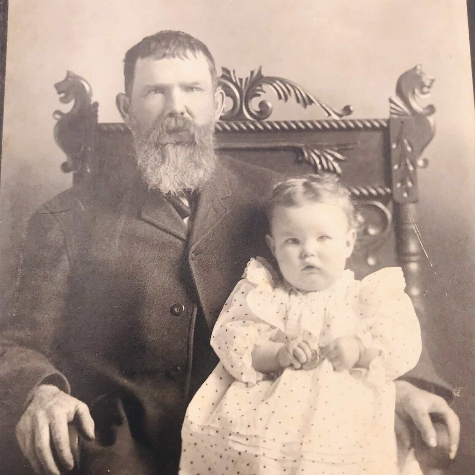 VTG B&W Cabinet Photo Man w/Beard and Daughter on Mahogany Chair 5\