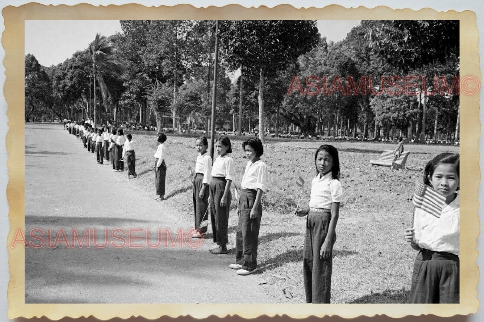 50s Vietnam VILLAGE GIRL SCOUT SCHOOL AMERICA FLAG  OLD B&W Vintage Photo 1279