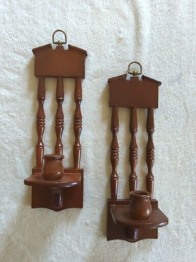 Pair of Vintage Wooden Spindle Back Wall Hanging Candle Holders Retro Light