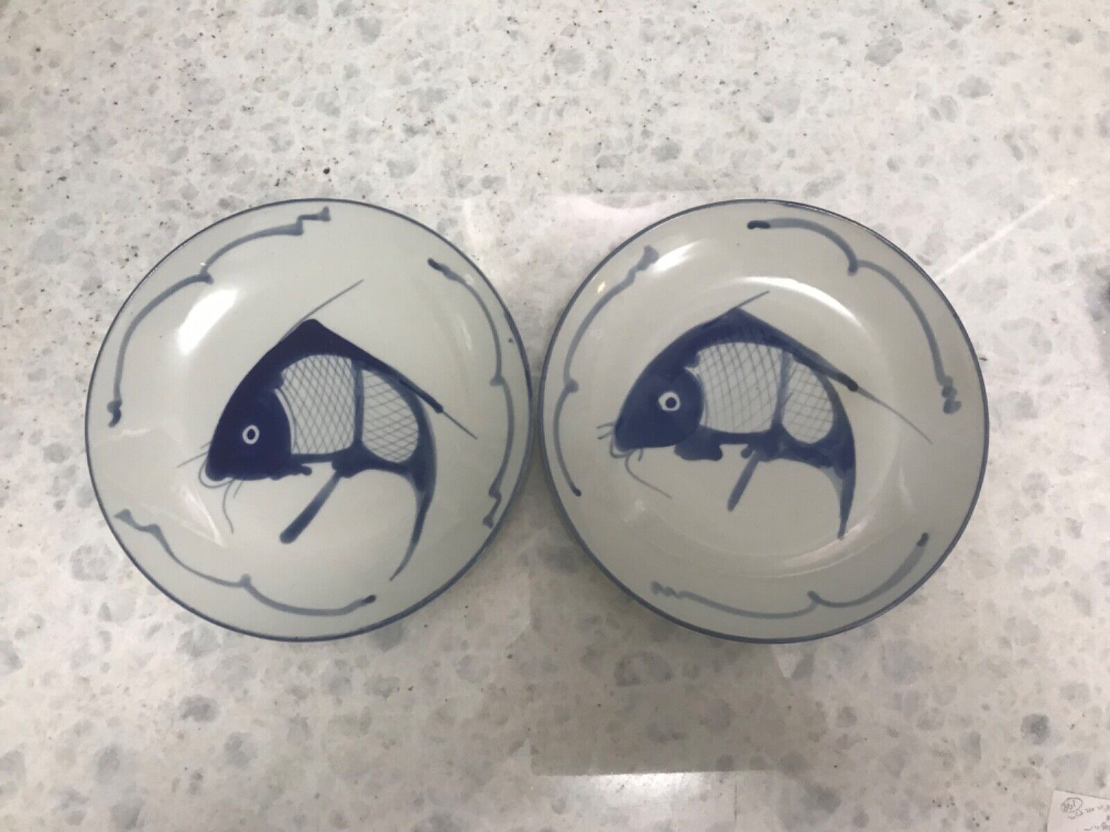 Vintage Chinese Blue & White Koi Fish Plates,9 1/4\