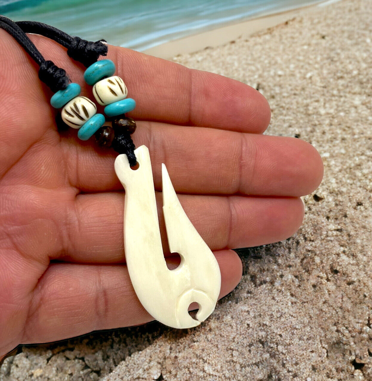 Hawaiian Maori Bone Fish Hook Pendant Adjustable Necklace Choker W/ Black Cord