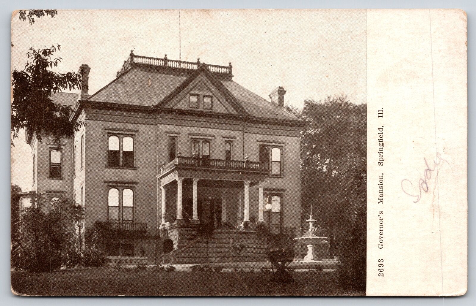 Springfield IL~B&W~Governors Mansion Street View~Fountain~Widows Walk~PM 1908 PC