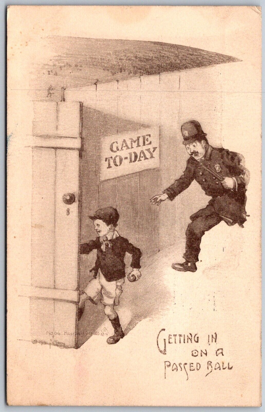 Postcard Baseball Getting In On A Passed Ball Policeman Chasing Boy Comic A17