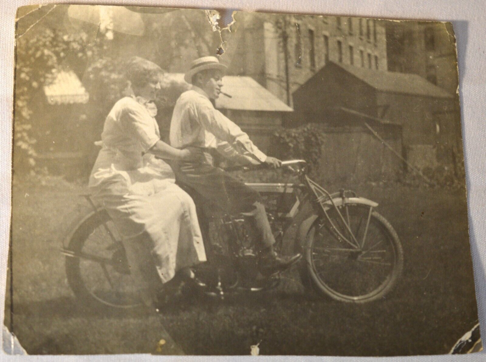 c1915 - Man & Woman Riding Early Motorcycle - Real Photo - Approx. 3\