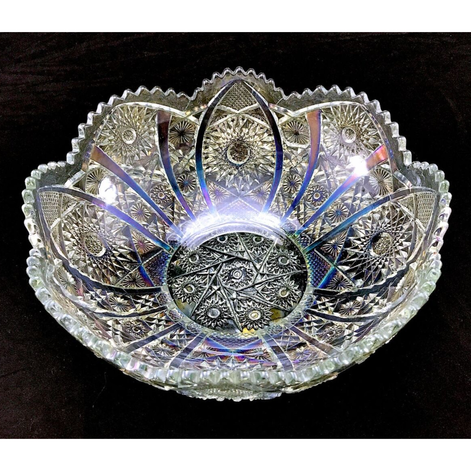 Crystal Carnival Bowl Bellaire Octagon Scalloped edge Clear Iridescent 10\