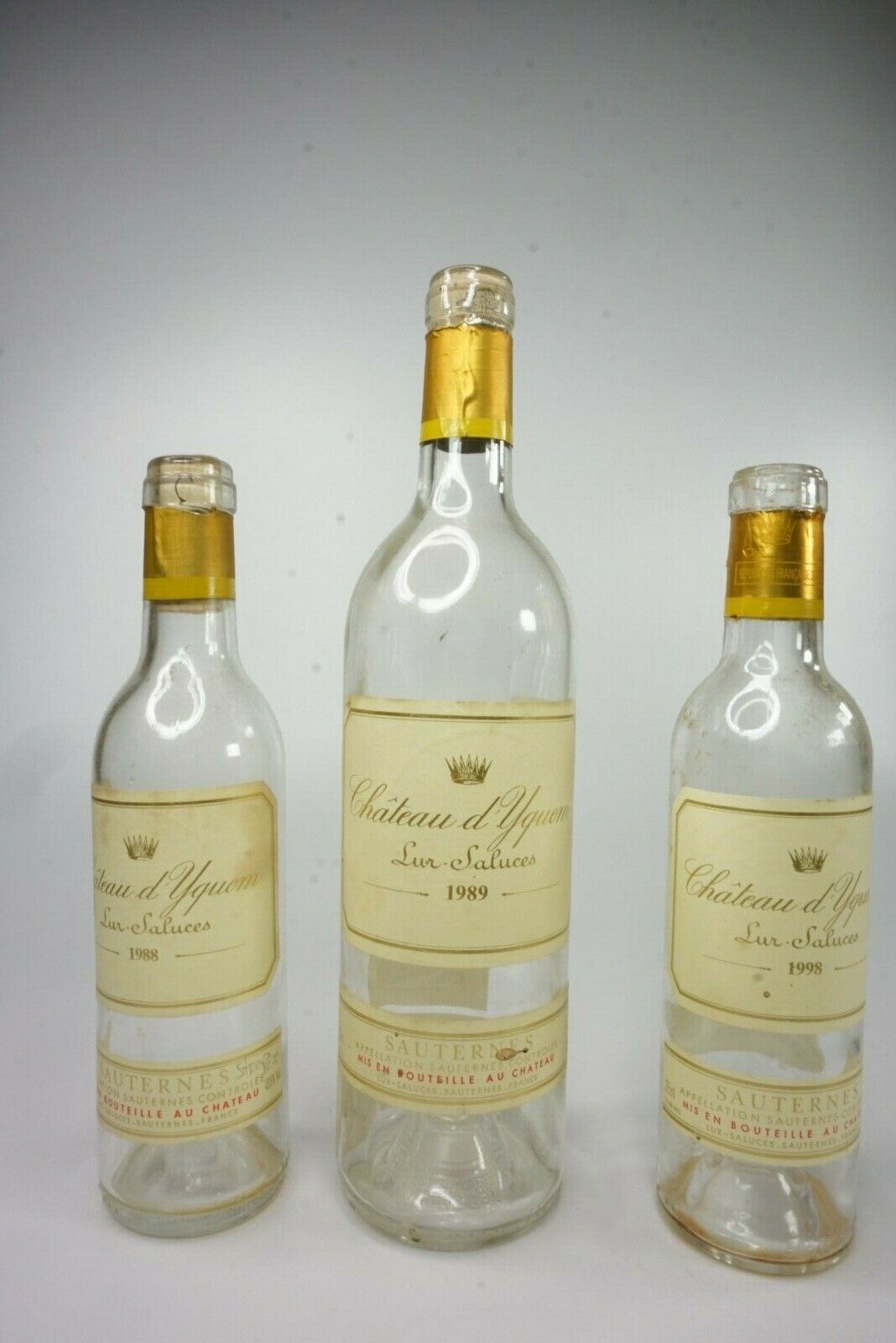 Chateau d\'Yquem 1988 \'89 \'98  set of 3 Vintage Empty bottle Rare Liquor Wine 