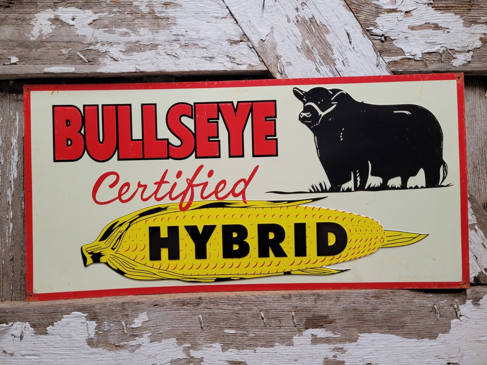 VINTAGE BULLSEYE HYBRID CORN SIGN OLD FARM FEED METAL TIN TACKER ADVERTISING