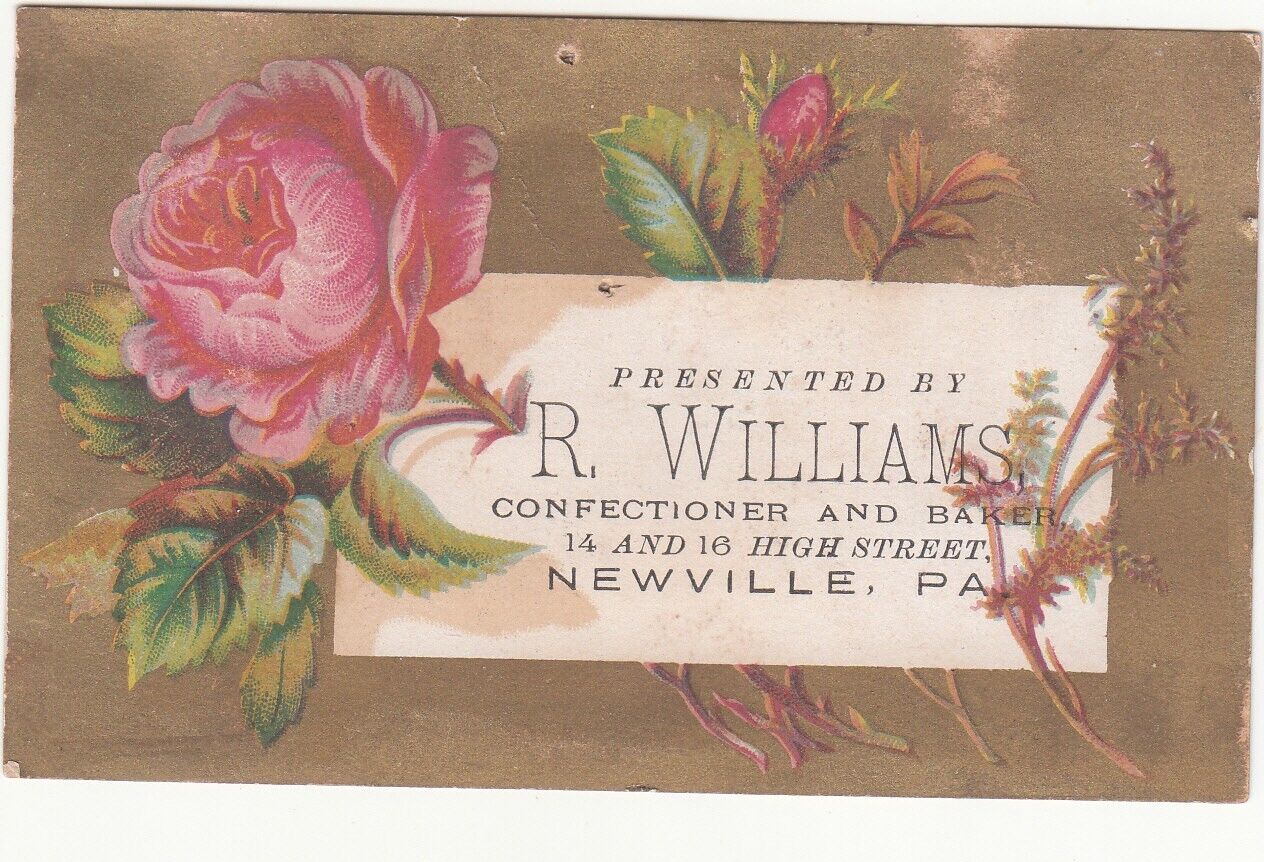 R Williams Confectioner and Baker Newville PA Pink Roase Vict Card c1880s