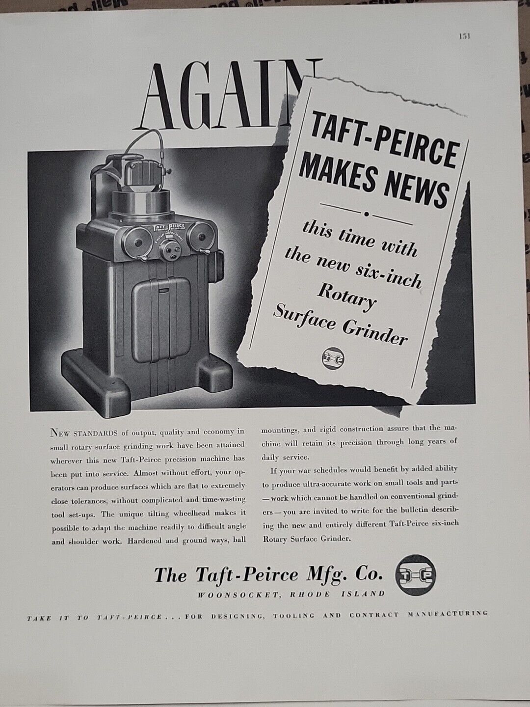 1942 Taft-Pierce Mfg. Co. Fortune WW2 Print Ad Q3 Rotary Surface Grinder