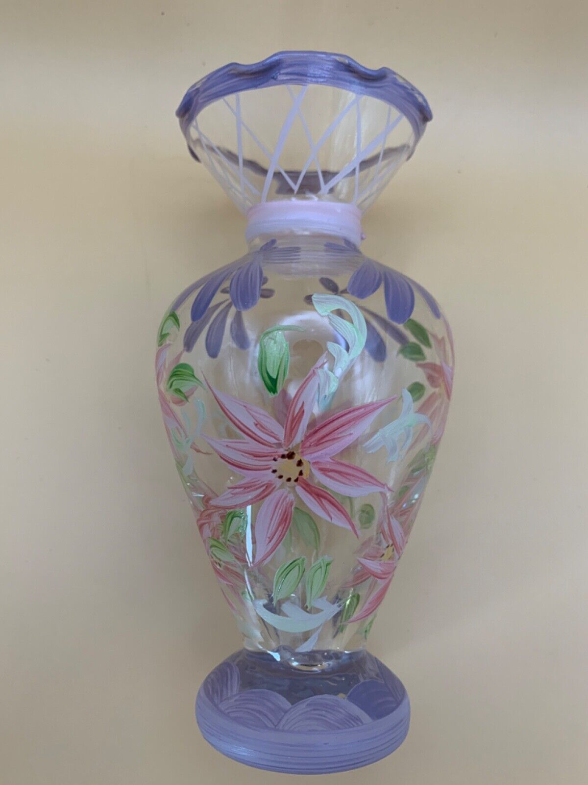 Vintage Tracy Porter Glassware Bud Vase, Pink & Purple Floral Hand Painted 6.5\