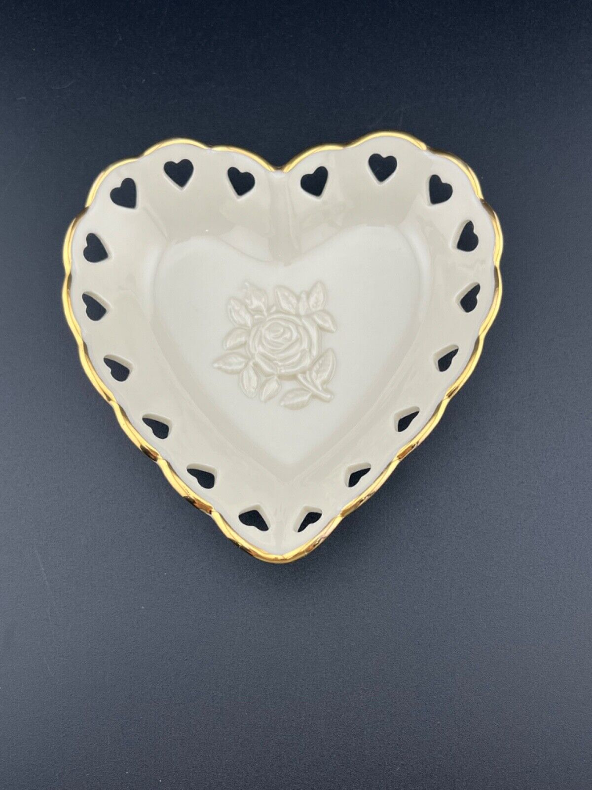 Lenox Heart Shaped Dish - Ivory with Gold Trim & Heart Shaped Cutouts & Rose 