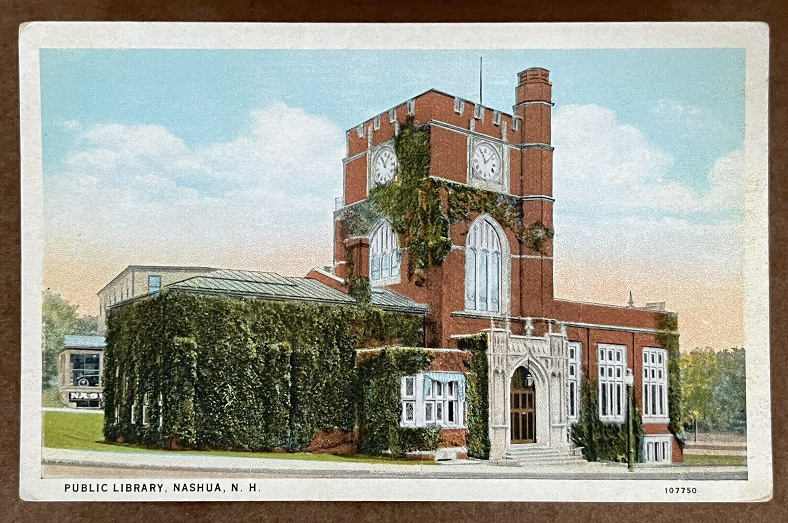 Vintage Postcard Public Library Nashua, N.H. Brick Ivy Clock Tower Street View
