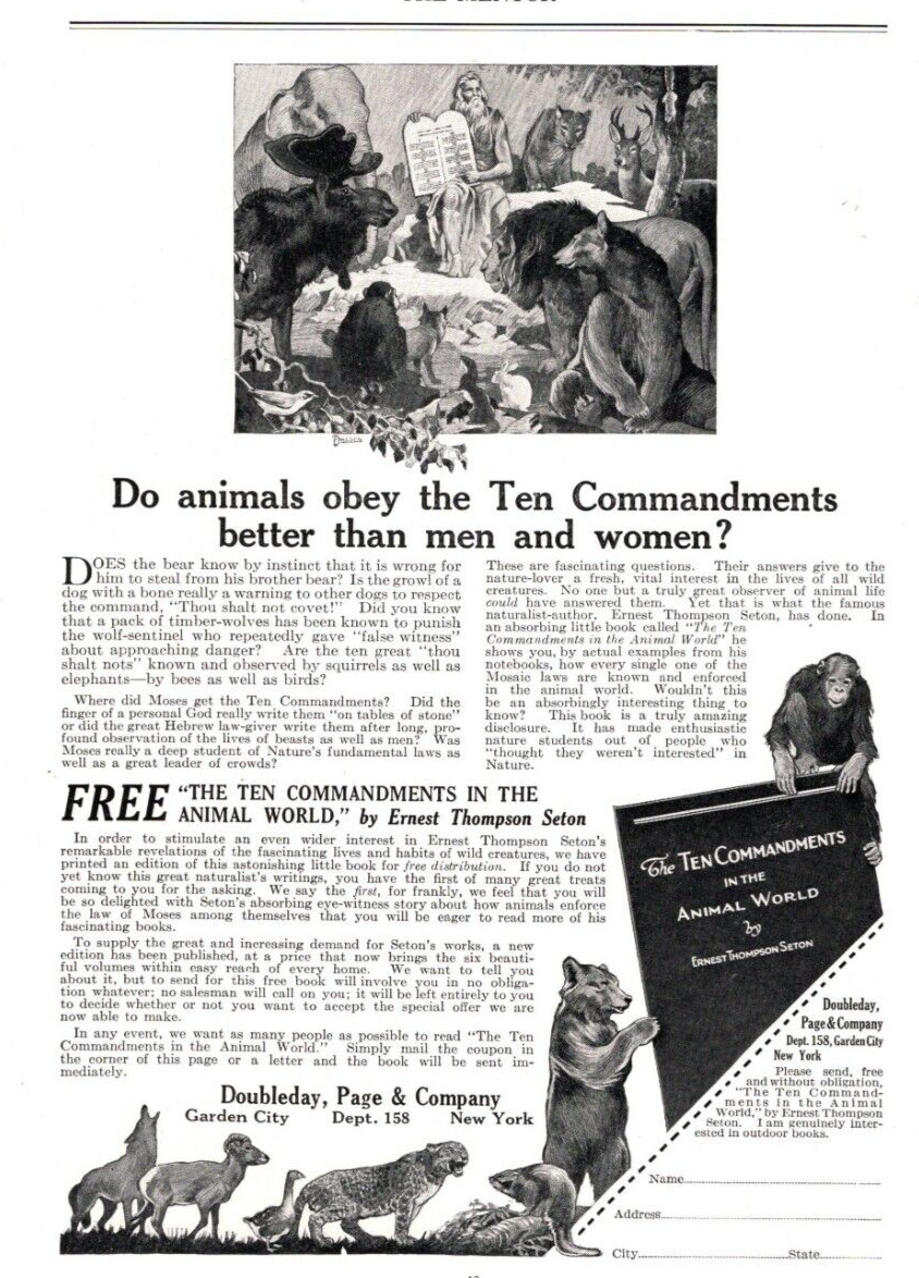 1923 THE TEN COMMANDMENTS OF THE ANIMAL WORLD PRINT AD, ERNEST THOMPSON SETON AD