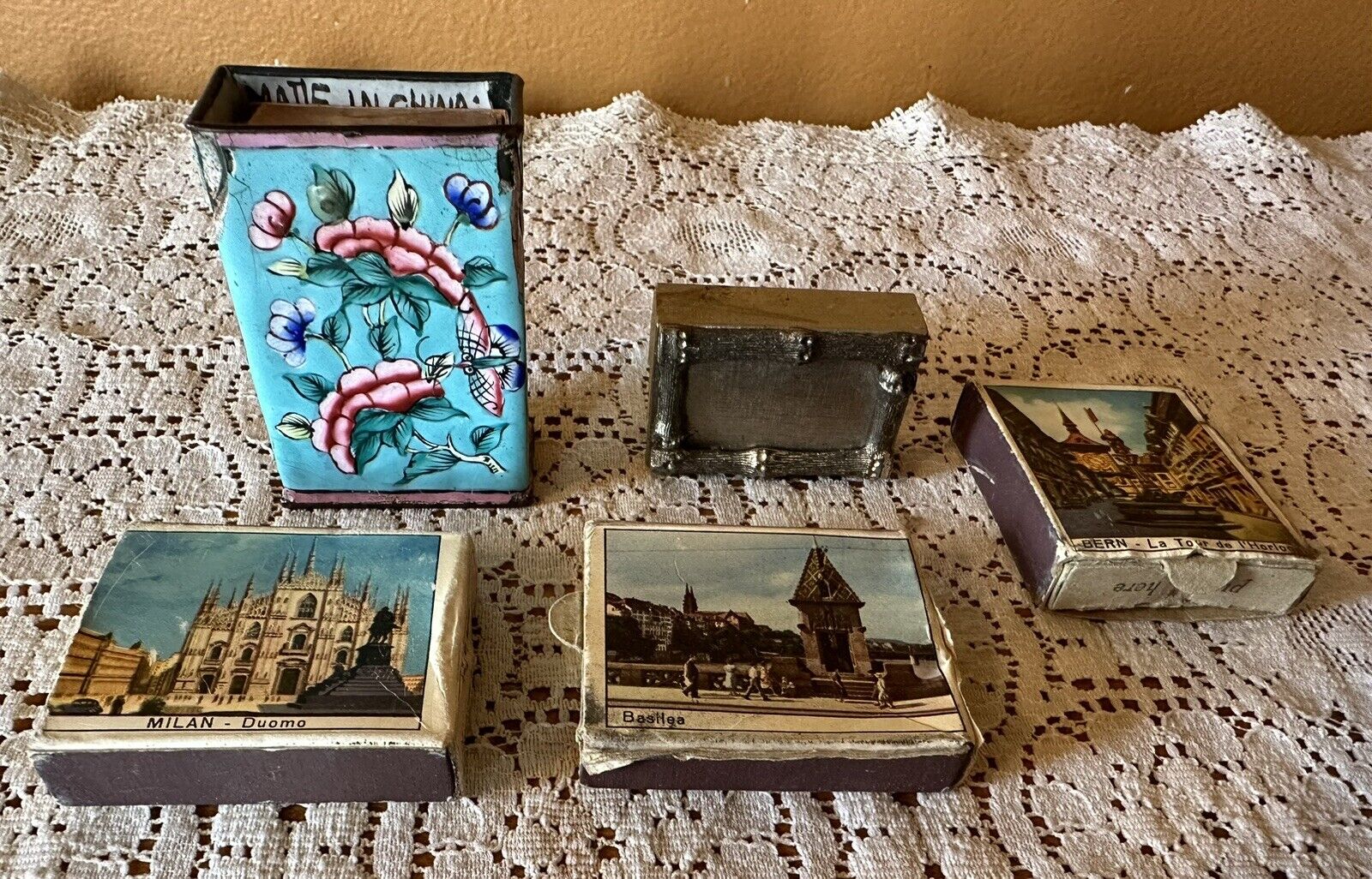 Vtg Chinese Cloisonné Enamel & Metal Matchbox Holders And Match Boxes Lot Of 5