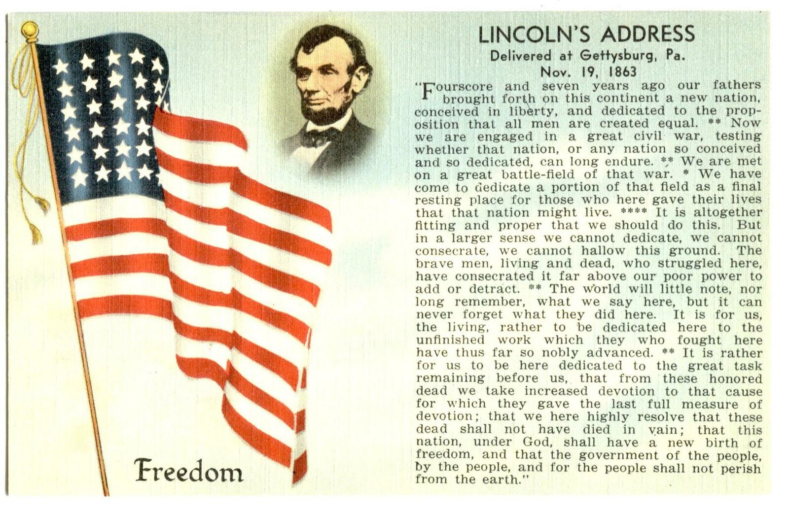 Postcard Abraham Lincoln Gettysburg Address Nov 19 1863 American Flag 